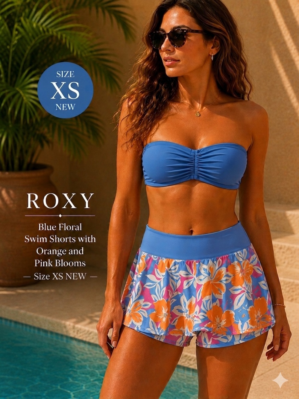 Roxy Blue Floral Swim Shorts with Orange and Pink Blooms‎ NEW XS